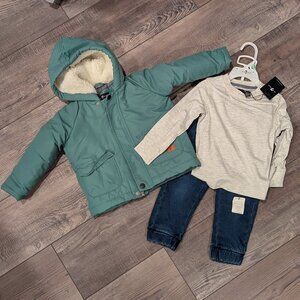 NWT 7 For All Mankind 3 Piece Set Winter Warm Puffer Long Sleeve Shirt Jeans 18m